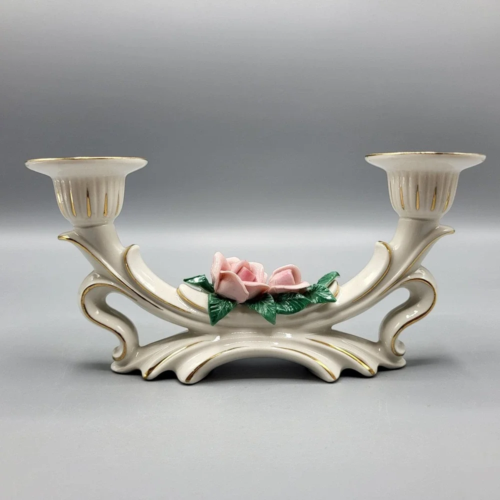 Vtg Dresden Porcelain Rose Double Candle Holder Candlestick Set of 2 Germany